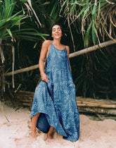 IRIS PRINTED ANKLE-GRAZING LINEN DRESS / DENIM