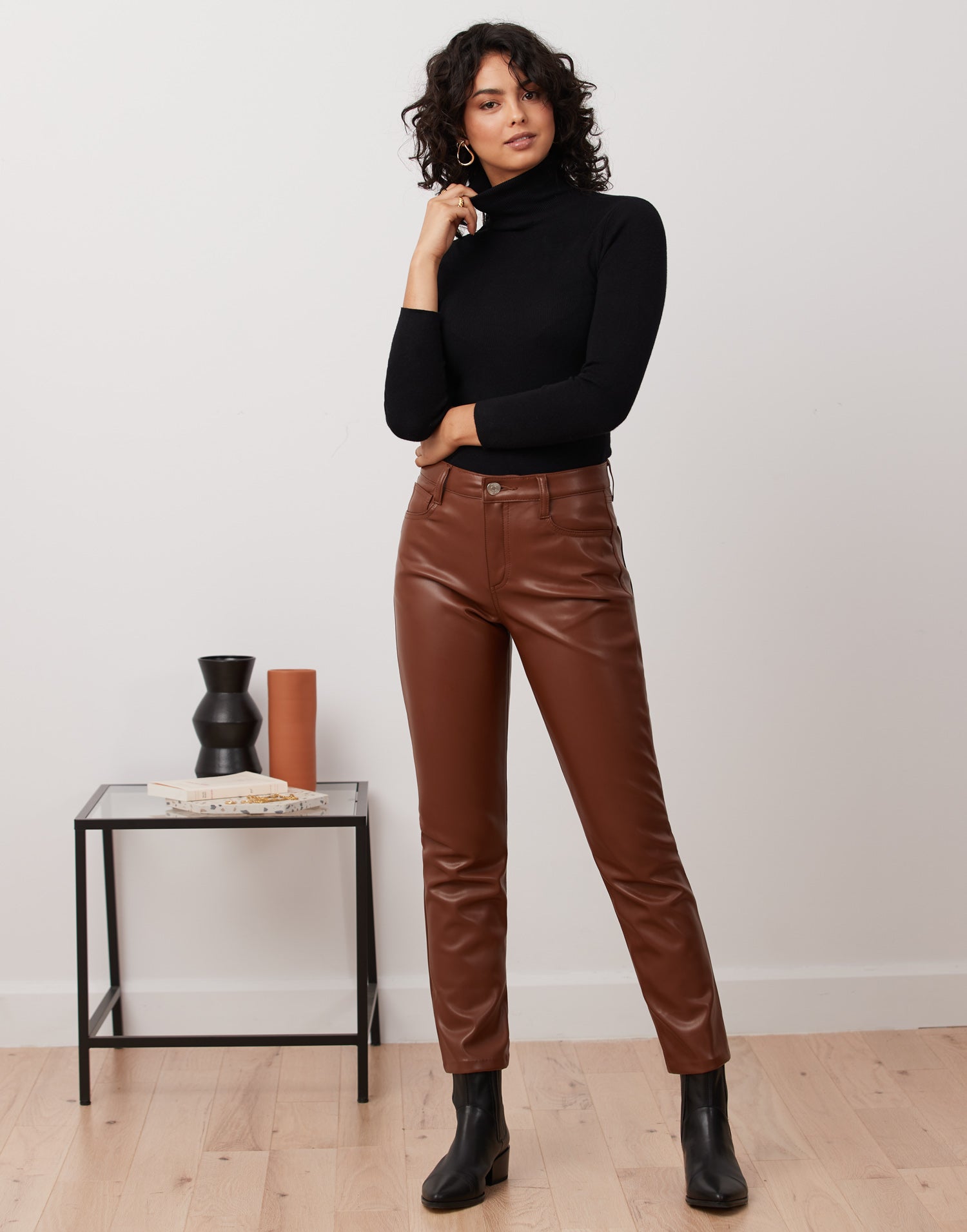 EMILY SLIM VEGAN LEATHER PANT / TAN