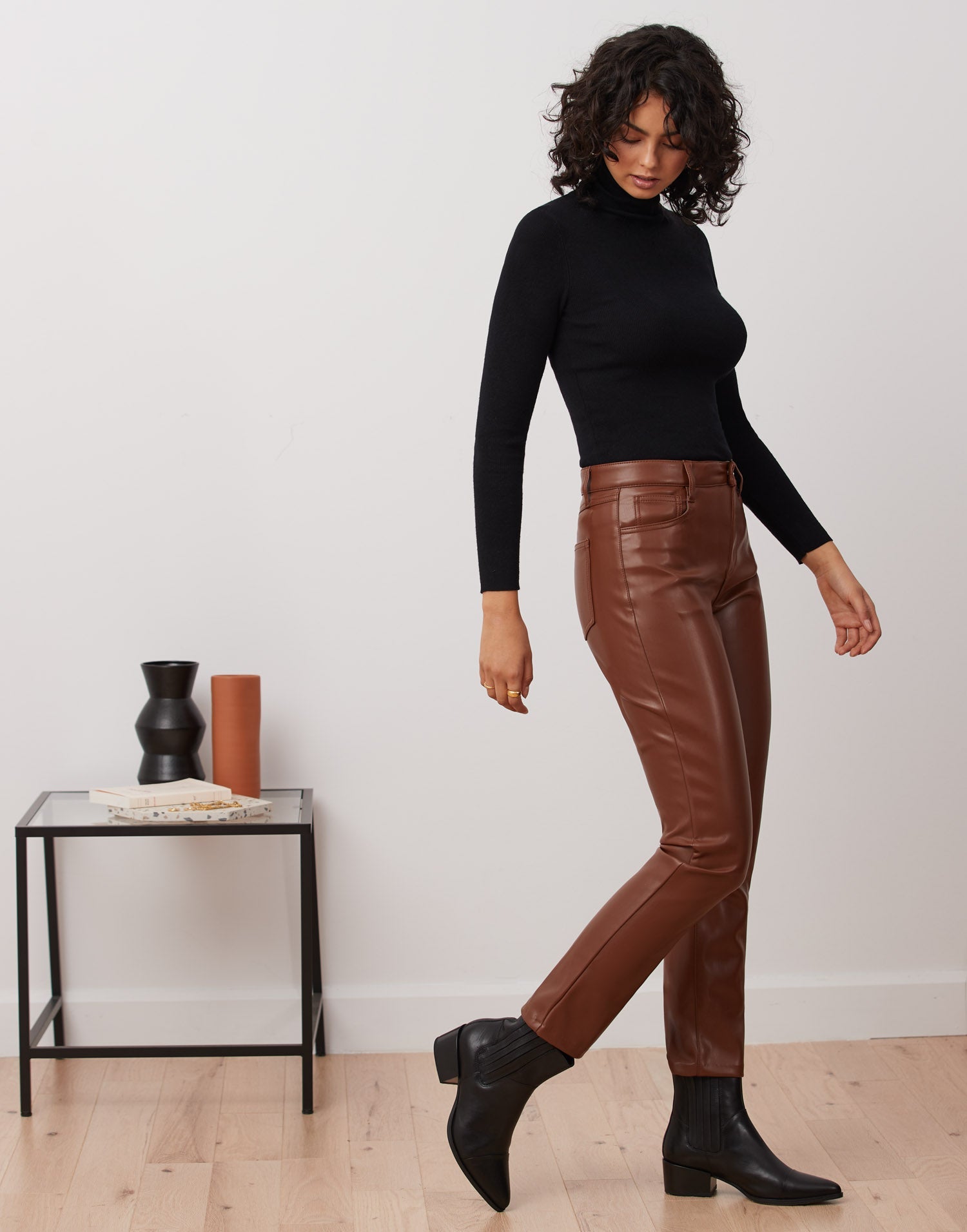 EMILY SLIM VEGAN LEATHER PANT / TAN